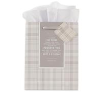 Christian Art Gifts Gift Bag/Tissue Paper Set I Know The Plans Jeremiah 29:11 Bible Verse, Gray Plaid, Medium