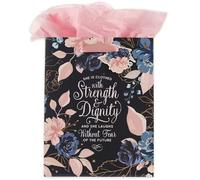 Christian Art Gifts Gift Bag/Tissue Paper Set She Is Clothed With Strength Proverbs 31:25 Bible Verse, Blue/Pink Rose, Medium