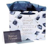 Christian Art Gifts Graduation Gift Bag Set | Hope and A Future Blue Graduation Cap Metallic Accents - Jeremiah 29:11 | 3-Piece Set Large Gift Bag for Graduates w/Greeting Card and Tissue Paper