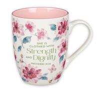 Christian Art Gifts Inspirational Ceramic Coffee & Tea Mug for Women: Strength & Dignity Encouraging Bible Verse Proverb, Microwave & Dishwasher Safe Drinkware, White, Pink & Fuchsia Floral, 12 oz.