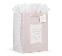 Christian Art Gifts Inspirational Scripture Gift Bag, Tag & Wrapping Tissue Paper Set for Women: Everything Beautiful Bible Verse, Satin Ribbon Handles, Large Portrait, Pink Floral