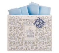 Christian Art Gifts Inspirational Scripture Gift Bag, Tag & Wrapping Tissue Paper Set for Women: Strength & Dignity Bible Verse, Cute Sturdy Satin Ribbon Handles, Large Landscape, Blue Floral
