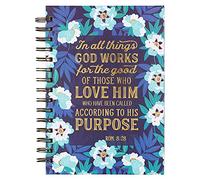 Christian Art Gifts Journal W/Scripture in All Things Romans 8:28 Bible Verse Blue Floral 192 Ruled Pages, Large Hardcover Notebook, Wire Bound