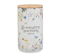 Christian Art Gifts Keepsake Count Your Blessings Ceramic Gratitude Jar Set w/Bamboo Lid: In Everything Give Thanks - 365 Bible Verse Note Cards, Multicolor Flowers & Butterflies, White/Purple Floral