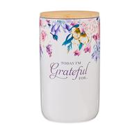 Christian Art Gifts Keepsake Count Your Blessings Ceramic Gratitude Jar Set w/Bamboo Lid: Today I'm Grateful For - 365 Bible Verse Note Cards for Thankfulness, Multicolor Flowers, Purple/Pink Floral