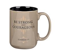 Christian Art Gifts Large Ceramic Coffee Scripture Mug for Men & Women | Strong & Courageous Inspirational Bible Verse, Glossy Sturdy Novelty Cup, Tan, Black & Gold, 14 oz.