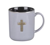 Christian Art Gifts Large Ceramic Coffee & Tea Mug for Men & Women: Stylish Metal Cross Badge, Gray & Black, 14 oz.