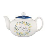Christian Art Gifts Large Ceramic Cute Inspirational Scripture Teapot for Women: Rejoice Always Bible Verse for Home & Kitchen w/Gold, Easy-pour Lead & Cadmium-free, White/Blue & Yellow Lemons, 34 oz.