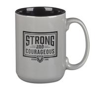 Christian Art Gifts Large Ceramic Inspirational Microwave & Dishwasher Safe Coffee & Tea Mug for Dads: Strong & Courageous Encouraging Bible Verse & Bold Lion, Lead/Cadmium-free, Gray & Black, 14 oz.