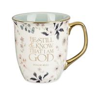 Christian Art Gifts Large Ceramic Inspirational Scripture Coffee & Tea Mug for Women: Be Still & Know Bible Verse Psalm, Cute Novelty Non-toxic Golden Beverage Cup, White & Light Teal Floral, 14 oz.