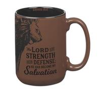 Christian Art Gifts Large Inspirational Ceramic Microwave & Dishwasher Safe Coffee & Tea Scripture Mug for Men & Women: Lord is My Strength Encouraging Bible Verse, Lion Design, Brown & Black, 14 oz.