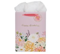 Christian Art Gifts Large Portrait Inspirational Gift Bag, Tag & Wrapping Tissue Paper Set for Women: Happy Birthday Golden Greeting Message, Easy Carry Satin Ribbon Handles, Pink Multicolor Floral