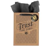 Christian Art Gifts Large Portrait Inspirational Scripture Gift Bag, Tag & Wrapping Tissue Paper Set for Men & Women: Trust in the Lord Bible Verse Glossy Tan Design, Satin Ribbon Handles