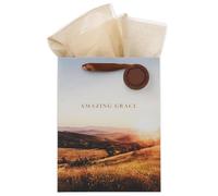 Christian Art Gifts Large Portrait Inspirational Scripture Gift Bag, Tag & Wrapping Tissue Paper Set for Men & Women: Amazing Grace, Sturdy Satin Ribbon Handles, Brown