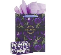 Christian Art Gifts Large Portrait Scripture Gift Bag w/Blank Greeting Card & Wrapping Tissue Paper Set for Women: Blessed Inspirational Bible Verse, Beautiful Floral Design w/Gold Foil, Sturdy Matte
