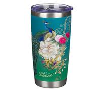 Christian Art Gifts Large Stainless Steel Double Wall Vacuum Insulated Peacock Teal Travel Mug Tumbler for Women: Blessed Faith Inspired, BPA Free Non-toxic Multicolor Floral, Retractable Lid, 18 oz.
