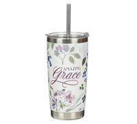 Christian Art Gifts Large Sturdy Stainless Steel Travel Mug for Women: Amazing Grace, Inspirational, Double Wall Vacuum Insulated w/Straw, Hot/Cold Beverages, Purple, 18 oz.