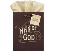 Christian Art Gifts Medium Portrait Gift Bag & Tissue Set for Men: Man of God Inspirational Scripture, Satin Handles, Brown & Gold