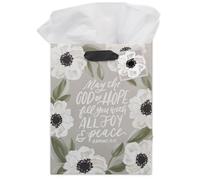 Christian Art Gifts Medium Portrait Inspirational Scripture Gift Bag, Tag & Wrapping Tissue Paper Set for Men & Women: God of Hope Encouraging Bible Verse, Sturdy Satin Ribbon Handles, Charcoal Gray