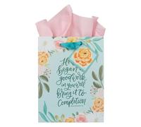 Christian Art Gifts Medium Portrait Inspirational Scripture Gift Bag, Tag & Wrapping Tissue Paper Set for Women: He Who Began a Good Work, Sturdy Satin Ribbon Handles, Cute Turquoise Multicolor Floral