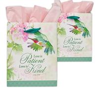 Christian Art Gifts Medium Portrait Inspirational Scripture Gift Bag, Tag & Wrapping Tissue Paper Set for Women: Love is Patient Encouraging Bible Verse, Hummingbird, Glittered Floral White/Green/Pink