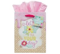 Christian Art Gifts Medium Portrait Inspirational Scripture Gift Bag, Tag & Wrapping Tissue Paper Set for Women: Let Joy Fill Your Day Encouraging Bible Verse, Satin Handles, Pink