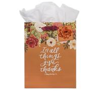 Christian Art Gifts Medium Portrait Inspirational Scripture Gift Bag, Tag & Wrapping Tissue Paper Set for Men & Women: Give Thanks Encouraging Bible Verse, Sturdy Satin Ribbon Handles, Gold