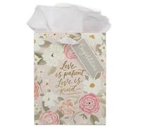 Christian Art Gifts Medium Portrait Inspirational Scripture Gift Bag, Tag & Wrapping Tissue Paper Set for Women: Love is Patient, Sturdy Satin Ribbon Handles, Pink