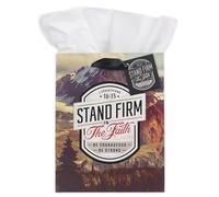 Christian Art Gifts Medium Portrait Inspirational Scripture Gift Bag, Tag & Wrapping Tissue Paper Set for Men & Women: Stand Firm Encouraging Bible Verse, Scenic Mountains, Black/White/Red Multicolor