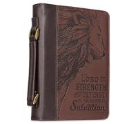Christian Art Gifts Men's Classic Bible Cover The Lord is My Strength Lion Exodus 15:2, Brown Faux Leather, Large