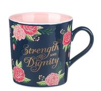 Christian Art Gifts Navy Pink Roses Ceramic Coffee Mug - 14 oz. Lead & Cadmium-free, Non-toxic Inspirational Scripture Coffee and Tea Mug for Women with Bible Verse: Strength & Dignity -Proverbs 31:25