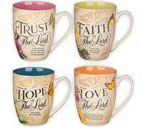 Christian Art Gifts Novelty Floral Ceramic Scripture Coffee & Tea Mug Set: Hope, Trust, Faith, Love - 4 Fancy Medium 12 oz. Cups w/Butterflies & Bible Verses, Multicolor Blue/Pink/Green/Orange Floral