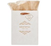 Christian Art Gifts Portrait Gift Bag w/Tag & Tissue Paper Set for Women: Grateful for You - Faith-inspired for Birthdays, Graduations, Thinking of You, White Floral, Taupe, & Golden Foil, Medium