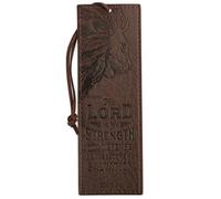 Christian Art Gifts Premium Vegan Faux Leather Scripture Bookmark for Men: The Lord Is My Strength - Exodus 15:2 Inspirational Bible Verse Heat-Debossed, Faith-Based Reading Accessory with Cord, Brown