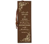Christian Art Gifts Premium Vegan Faux Leather Scripture Bookmark for Women: When She Speaks - Proverbs 31:26 Inspirational Bible Verse, Heat-Debossed, Faith-Based Reading Accessory with Cord, Brown