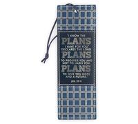 Christian Art Gifts Premium Vegan Leather Encouraging Scripture Bookmark for Graduates: I Know The Plans Inspriational Scripture, Sturdy Cord, Durable Book Reading Accessory, Navy Blue & Gold Plaid