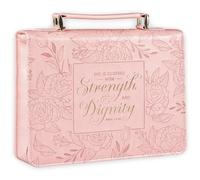 Christian Art Gifts Premium Vegan Leather Fashion Floral Bible Cover for Women: Strength & Dignity - Prov. 31:25 Inspirational Scripture Verse Carry Case w/Pockets & Pen Storage, Pink & Gold, Medium