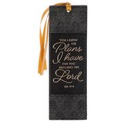 Christian Art Gifts Premium Vegan Leather Inspirational Scripture Bookmark for Men & Women: Know The Plans Encouraging Bible Verse, Charcoal & Black