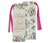 Christian Art Gifts Premium Vegan Leather Scripture Bookmark for Woman: Give Thanks - Psalm 107:1 Inspirational Bible Verse, Pink Satin Ribbon, Reading Accessory, Books, Bibles, White Floral with Gold