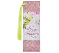 Christian Art Gifts Premium Vegan Leather Scripture Bookmark for Women: Grace is Sufficient Inspirational Bible Verse Cute Hummingbird Book Accessory, Pink Multicolor Floral & Lime Green Satin Ribbon