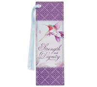 Christian Art Gifts Premium Vegan Leather Scripture Bookmark for Women: Strength & Dignity Inspirational Bible Verse Cute Hummingbord Book Accessory, Purple Multicolor Floral & Light Blue Satin Ribbon