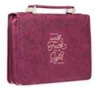 Christian Art Gifts Protective Maroon Floral Faux Leather Bible Cover Carry Case with Handle for Women: Walk by Faith - 2 Corinthians 5:7 Inspirational Bible Verse Zippered with Pocket, Maroon, L