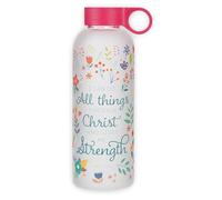 Christian Art Gifts Reusable Frosted Glass Inspirational BPA-Free Water Bottle for Women: All Things Through Christ Scripture Verse, Carry Handle Loop, Twist Cap Lid, Red & Multicolor Floral, 17 oz.