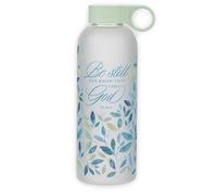 Christian Art Gifts Reusable Frosted Glass Inspirational BPA-Free Water Bottle for Women: Be Still & Know Encouraging Bible Verse, Carry Handle Loop, Twist Cap Lid, Mint Green & Teal Floral, 17 oz.
