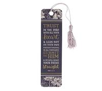 Christian Art Gifts Scripture Bookmark | Trust in The Lord - Proverbs 3:5-6 Bible Verse | Inspirational Grey Floral Bookmark for Women w/Tassel