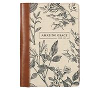 Christian Art Gifts Scripture Journal Brown/Cream Floral Printed Amazing Grace 2 Cor. 12:9 Bible Verse Inspirational Faux Leather Notebook, Zipper Closure, 336 Ruled Pages, Ribbon