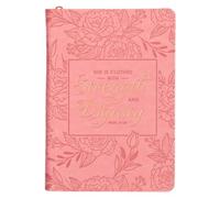 Christian Art Gifts Scripture Journal Pink Strength & Dignity Proverbs 31:25 Bible Verse Inspirational Faux Leather Notebook, Zipper Closure, 336 Ruled Pages, Ribbon