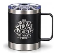 Christian Art Gifts Stainless Steel Double Wall Vacuum Insulated Camp Style Travel Mug 11 oz Black Coffee Mug with Lid for Men/Women with Bible Verse - Be Strong in The Lord -Ephesians 6:10