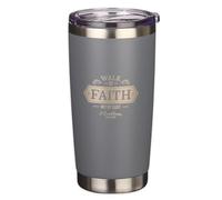 Christian Art Gifts Stainless Steel Double Wall Vacuum Insulated Travel Mug 18 oz Gray Bible Verse Tumbler with Retractable Lid for Men & Women - Walk by Faith - 2 Corinthian 5:7