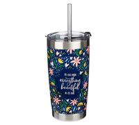 Christian Art Gifts Stainless Steel Double-Wall Vacuum Insulated Tumbler w/Straw & Lid for Women: Everything Beautiful - Ecc. 3:11 Inspirational Bible Verse Travel Mug, Navy Multi Floral, 18 oz.